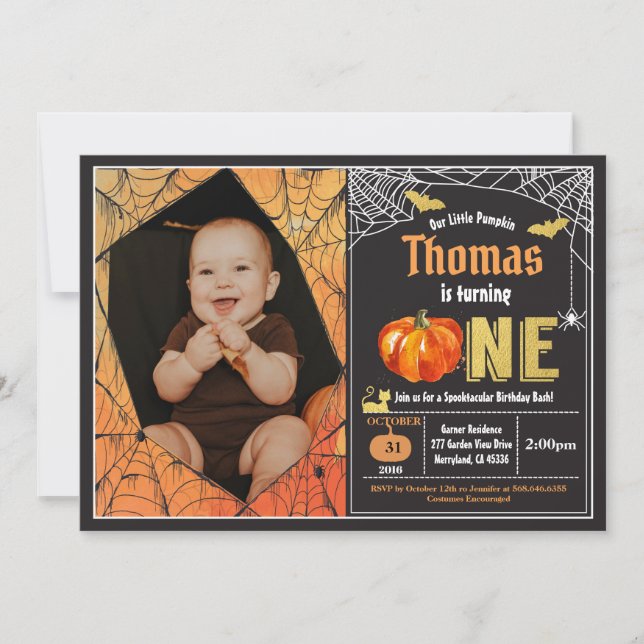 Invitation Enfant citrouille d'Halloween 1er anniversaire pho (Devant)