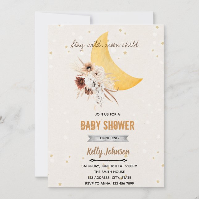 Invitation Enfant de la lune sauvage douche florale boho (Devant)