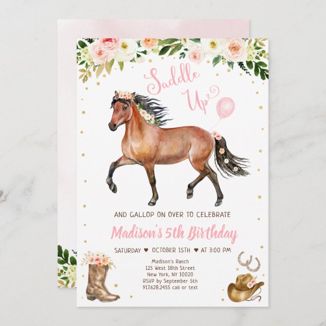 Invitation Enfant de la petite fille Saddup Horse Pony Annive (Devant / Derrière)