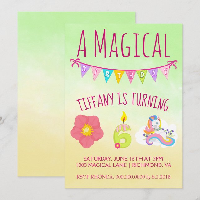 Invitation Enfant De Six Ans Unicorn Thème Anniversaire (Devant / Derrière)