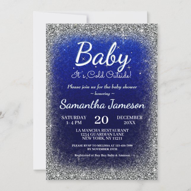 Invitation Enfant d'hiver Garçon Bleu Baby shower d'argent Pa (Devant)