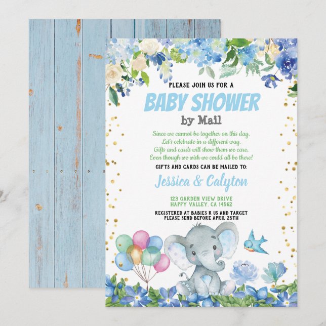 Invitation Enfant éléphant baby shower par mail bleu floral (Devant / Derrière)