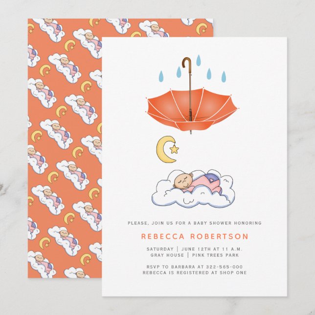 Invitation Enfant endormi douche parasol corail (Devant / Derrière)