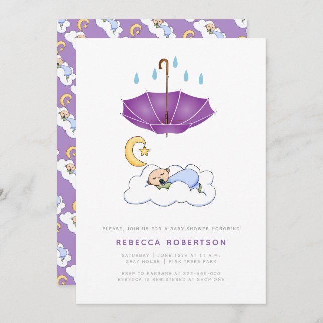 Invitation Enfant endormi douche violet parapluie mignon (Devant / Derrière)