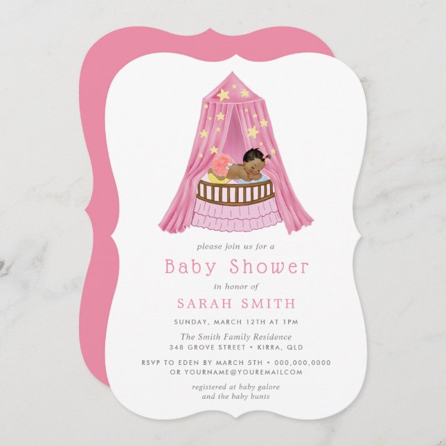 Invitation Enfant ethnique Fille Pink Baby shower Bassinet de (Devant / Derrière)