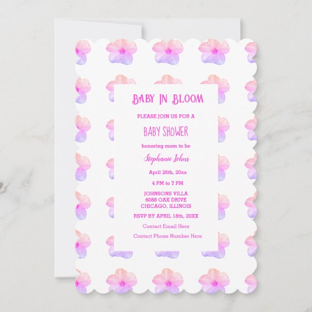 Invitation Enfant Floral En Fleur Pétunia Rose Baby shower Fi (Devant)