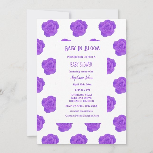 Invitation Enfant Floral En Fleur Purple Rose Baby shower fil (Devant)