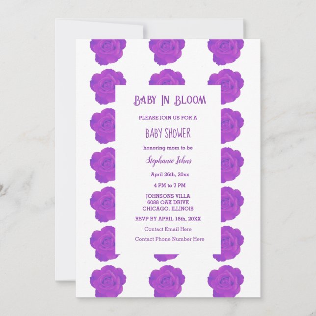 Invitation Enfant Floral En Fleur Violet Rose Baby shower fil (Devant)