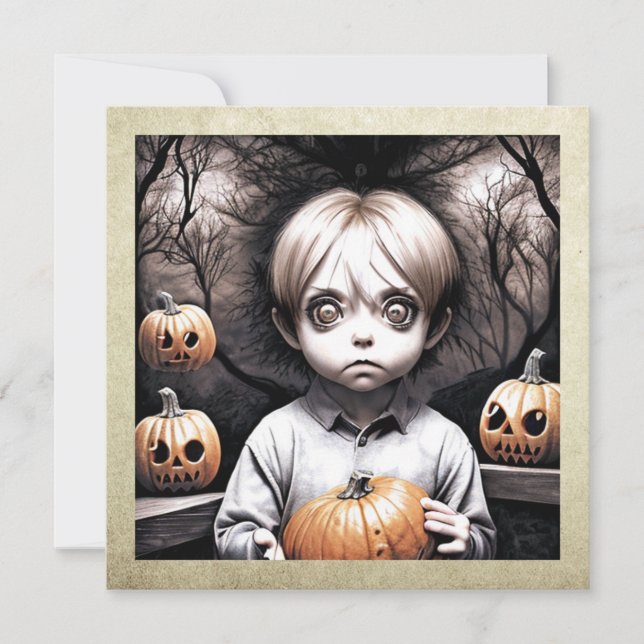 Invitation Enfant Freaky aux grands yeux et Halloween Citroui (Devant)
