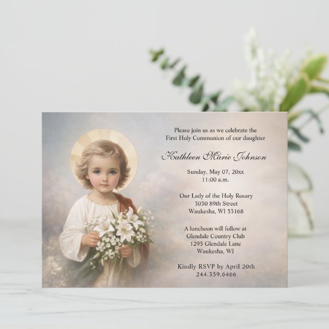 Invitation Enfant Jésus de la Première Communion avec des lys (Debout devant)