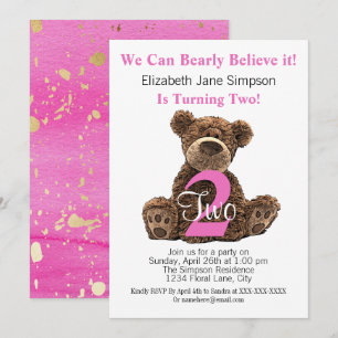 Invitation Enfant moderne 2e anniversaire Ours mignon rose se