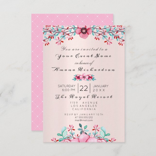 Invitation Enfant Naissance Floral Bohême Poupée Kraft Rose (Devant / Derrière)