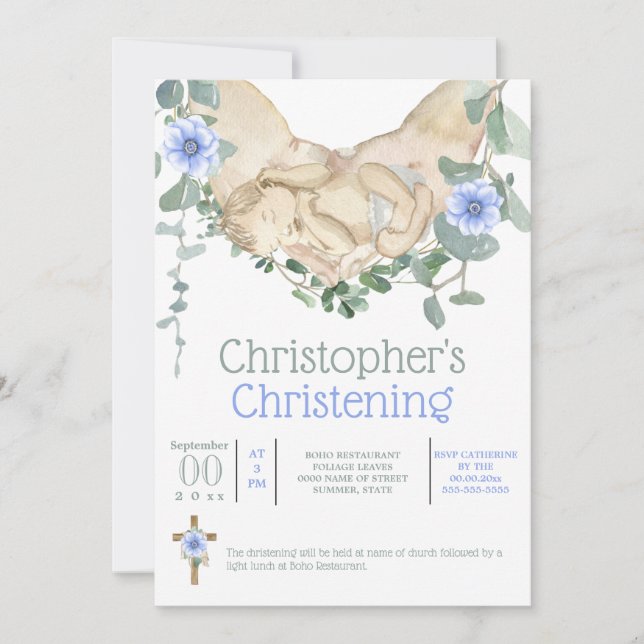 Invitation Enfant nouveau-né dormant entre les mains eucalypt (Devant)