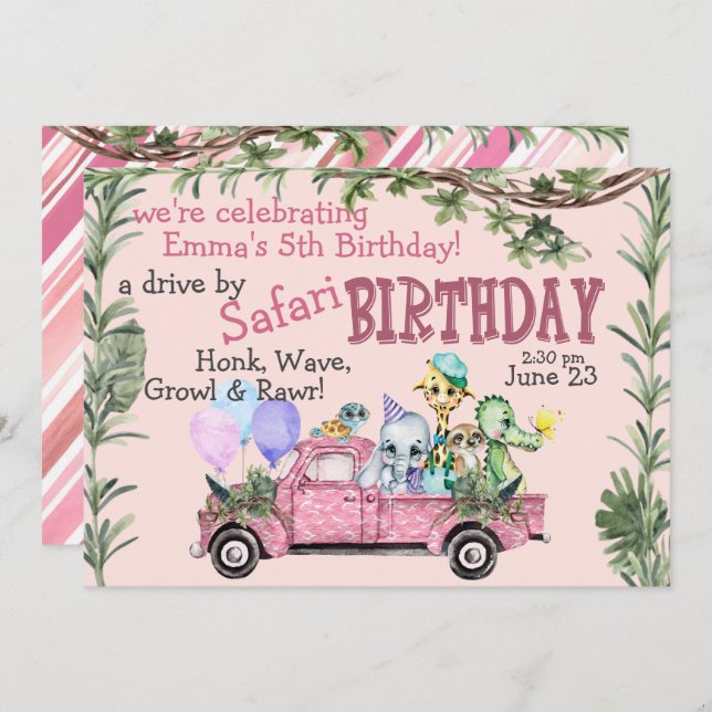 Invitation Enfant Pink Safari heureux Anniversaire Parade Inv (Devant / Derrière)