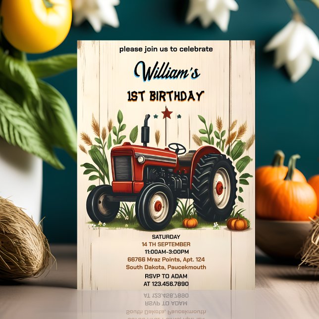 Invitation enfant retro garçon cool tracteur premier 1er anni (Créateur téléchargé)