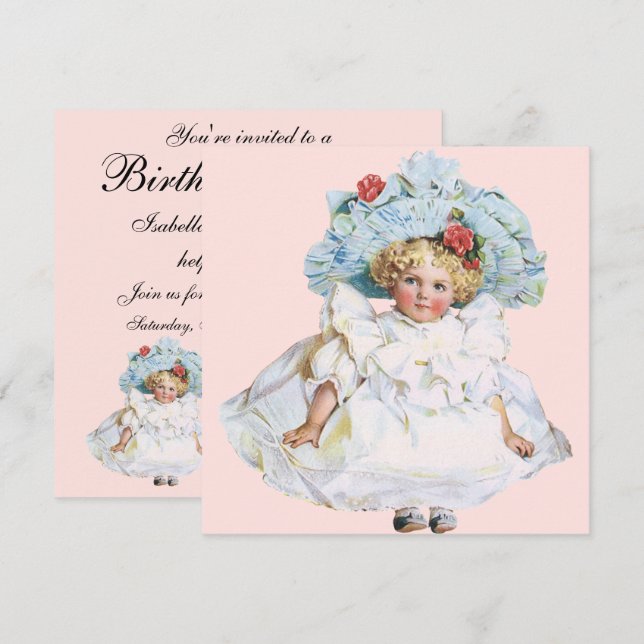 Invitation Enfant vintage, jolie robe fille fête d'anniversai (Devant / Derrière)