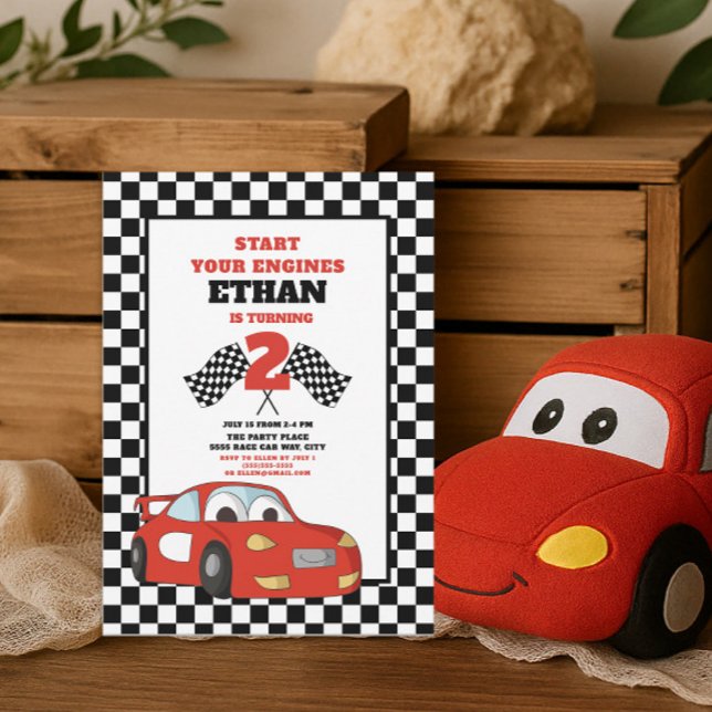 Invitation Enfant voiture de course rouge 2ème anniversaire (Red race car little boy's 2nd birthday party invitation)