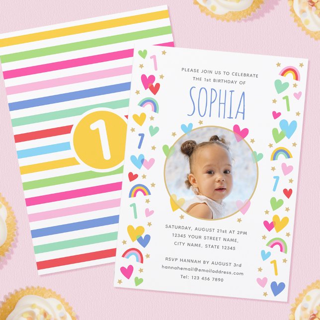Invitation Enfants 1er anniversaire mignon arc-en-ciel Coeurs (Créateur téléchargé)