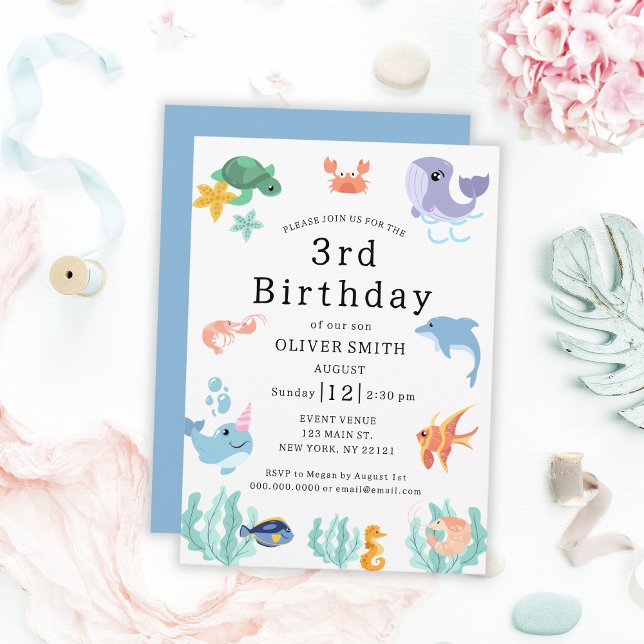 Invitation Enfants 3e anniversaire Fête Sea Animaux Invitatio (Kids 3rd Birthday Party Sea Animals Invitation
)