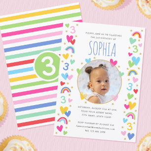 Invitation Enfants 3e anniversaire mignon arc-en-ciel Coeurs