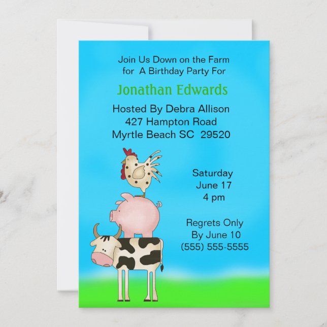 Invitation Enfants Animaux de ferme thème Anniversaire Invita (Devant)