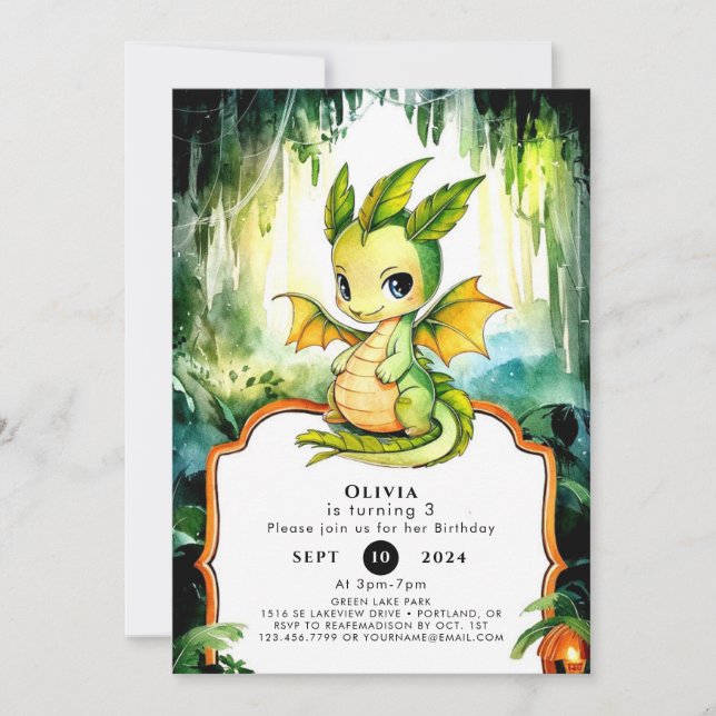 Invitation Enfants Aquarelle Dragon Anniversaire (Devant)