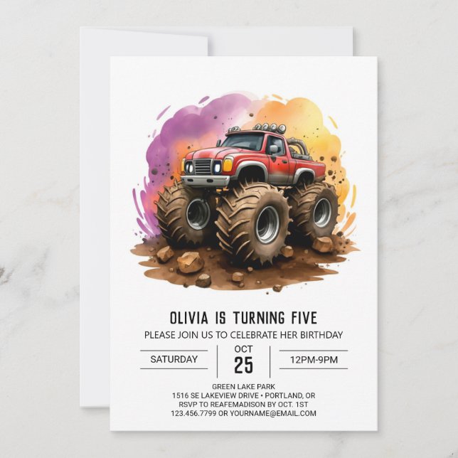 Invitation Enfants Aquarelle Monster Camion Anniversaire (Devant)