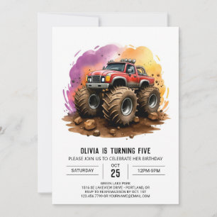 Invitation Enfants Aquarelle Monster Camion Anniversaire