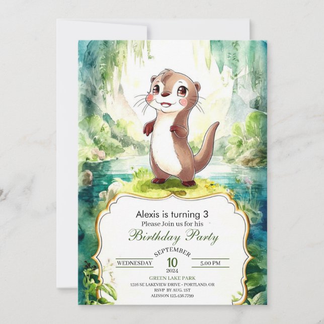 Invitation Enfants Aquarelle Otter Anniversaire (Devant)