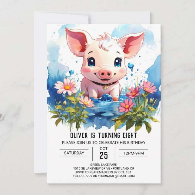 Invitation Enfants Aquarelle Piglet Barnyard Aventure Anniver (Devant)