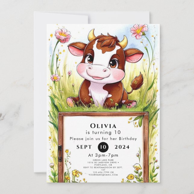 Invitation Enfants Aquarelle Vache Anniversaire (Devant)