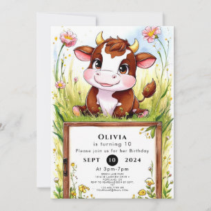 Invitation Enfants Aquarelle Vache Anniversaire
