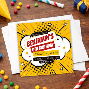 Invitation Enfants Art Pop Bande Dessinée Super Héros Orange 