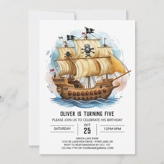 Invitation Enfants Bateau Personnalisé Pirate Anniversaire (Devant)