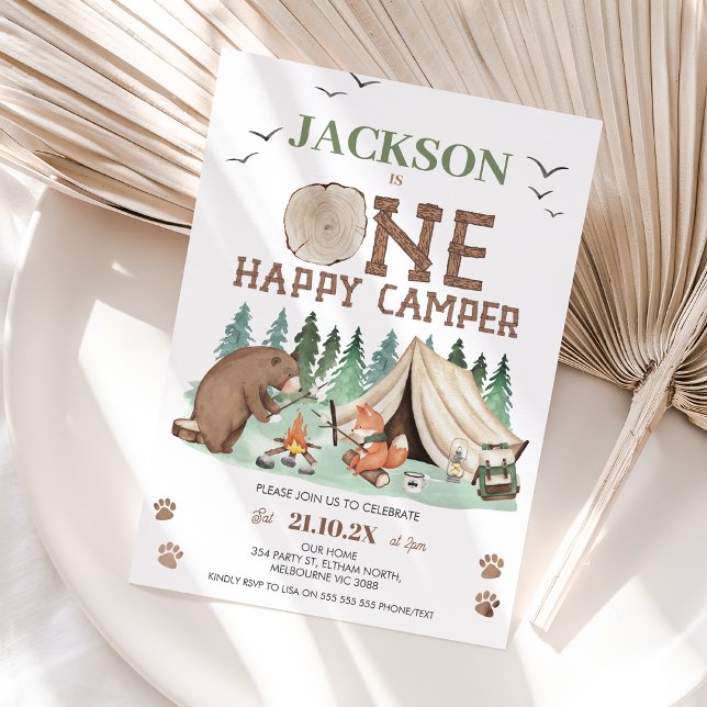 Invitation Enfants Brown Green One Happy Camper 1er anniversa (One Happy Camper 1st Birthday Invitation Template Editable Bear Tent Camp Fire, Camping Themed)