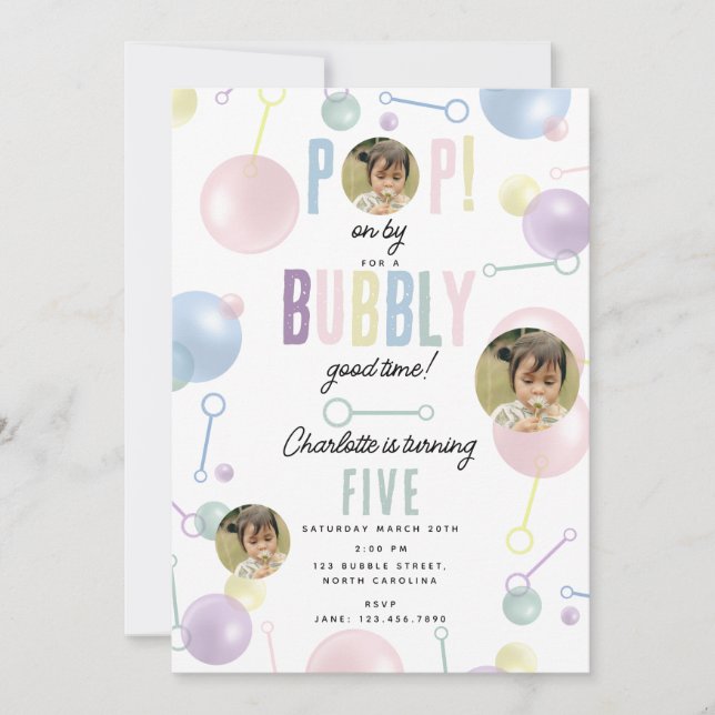 Invitation Enfants Bubble Party POP on By Birday Photo person (Devant)