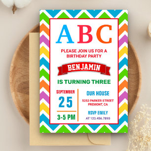 Invitation Enfants colorés ABC Alphabet fête d'anniversaire