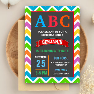 Invitation Enfants colorés ABC Alphabet fête d'anniversaire