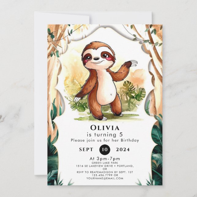 Invitation Enfants colorés Sloth Anniversaire (Devant)