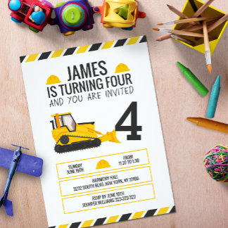 Invitation Enfants Construction Bulldozer fête d'anniversaire