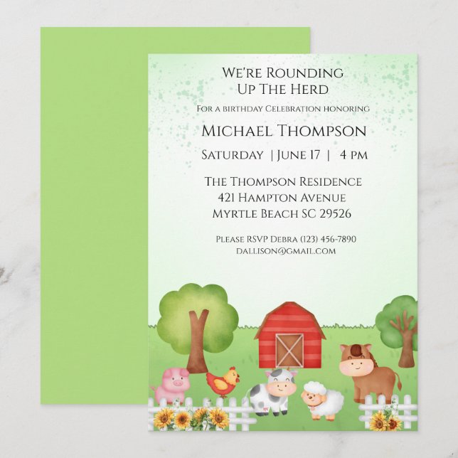 Invitation Enfants Cute Barnyard Animaux Anniversaire Invitat (Devant / Derrière)