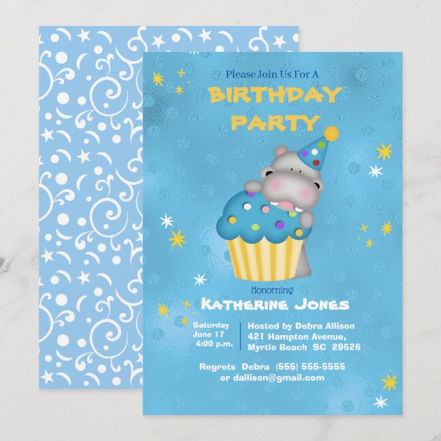 Invitation Enfants Cute Hippo avec Cupcake bleu Anniversaire  (Devant / Derrière)