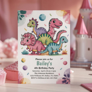 Invitation Enfants Cute Pink Dinosaur 4ème anniversaire fête