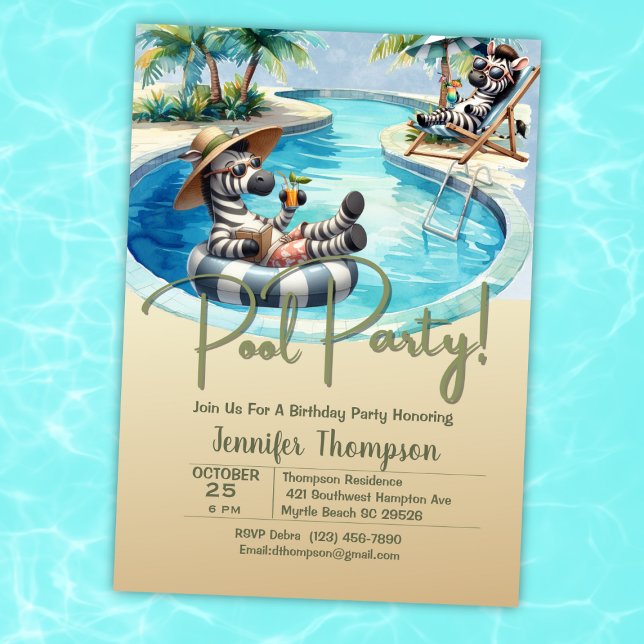 Invitation Enfants Cute Zebra Safari Pool Party Anniversaire (Créateur téléchargé)