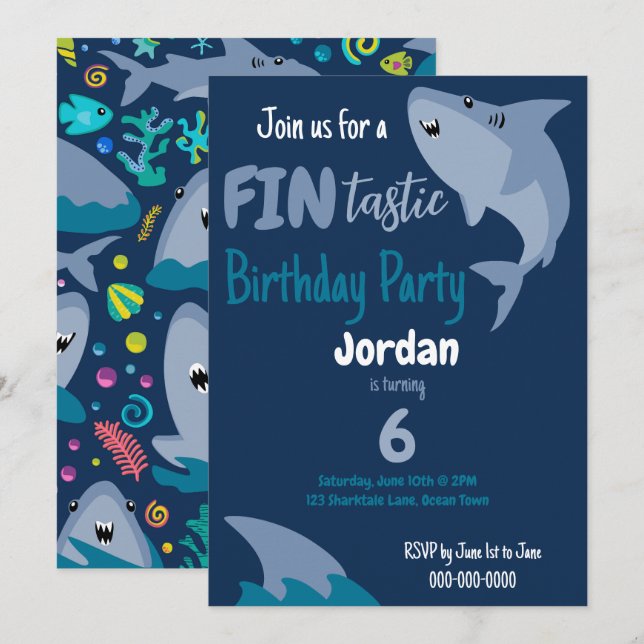 Invitation Enfants D'Anniversaire Du Requin En Mer (Devant / Derrière)