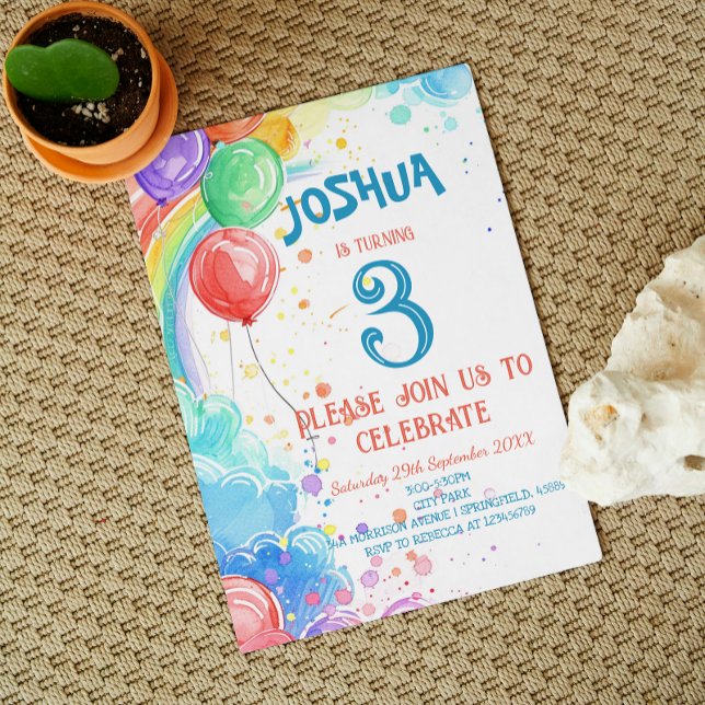 Invitation Enfants dessinant des ballons et Rainbow Birthday  (Créateur téléchargé)