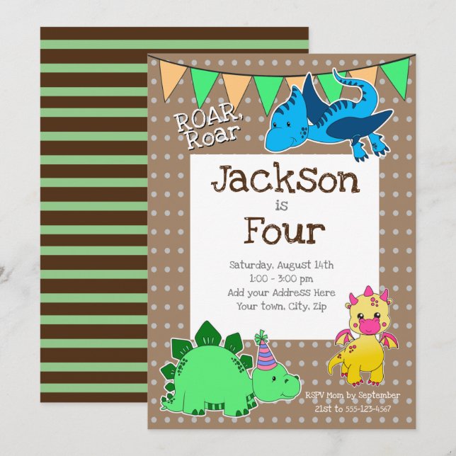 Invitation Enfants Dinosaur Brown 4e fête d'anniversaire (Devant / Derrière)