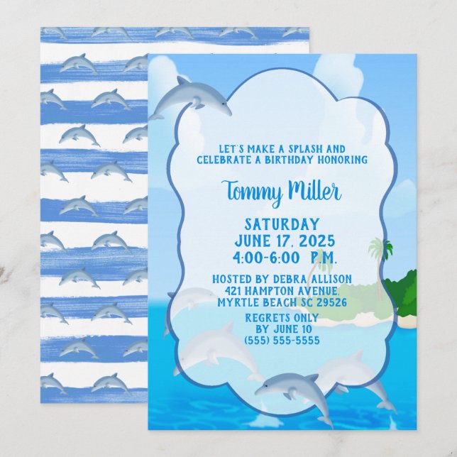 Invitation Enfants Dolphin Splash fête d'anniversaire (Devant / Derrière)
