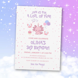 Invitation Enfants doux Axolotl Rose Etoiles Fun Anniversaire
