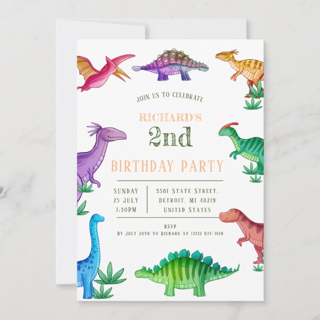 Invitation Enfants Drôle Dinosaure Thème Anniversaire Célébre (Devant)